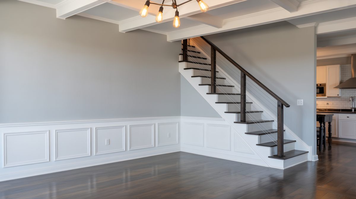 Open plan living area with white flat panel lower wall treatment, modern cable rail staircase, coffered ceiling, and Edison bulb pendant light