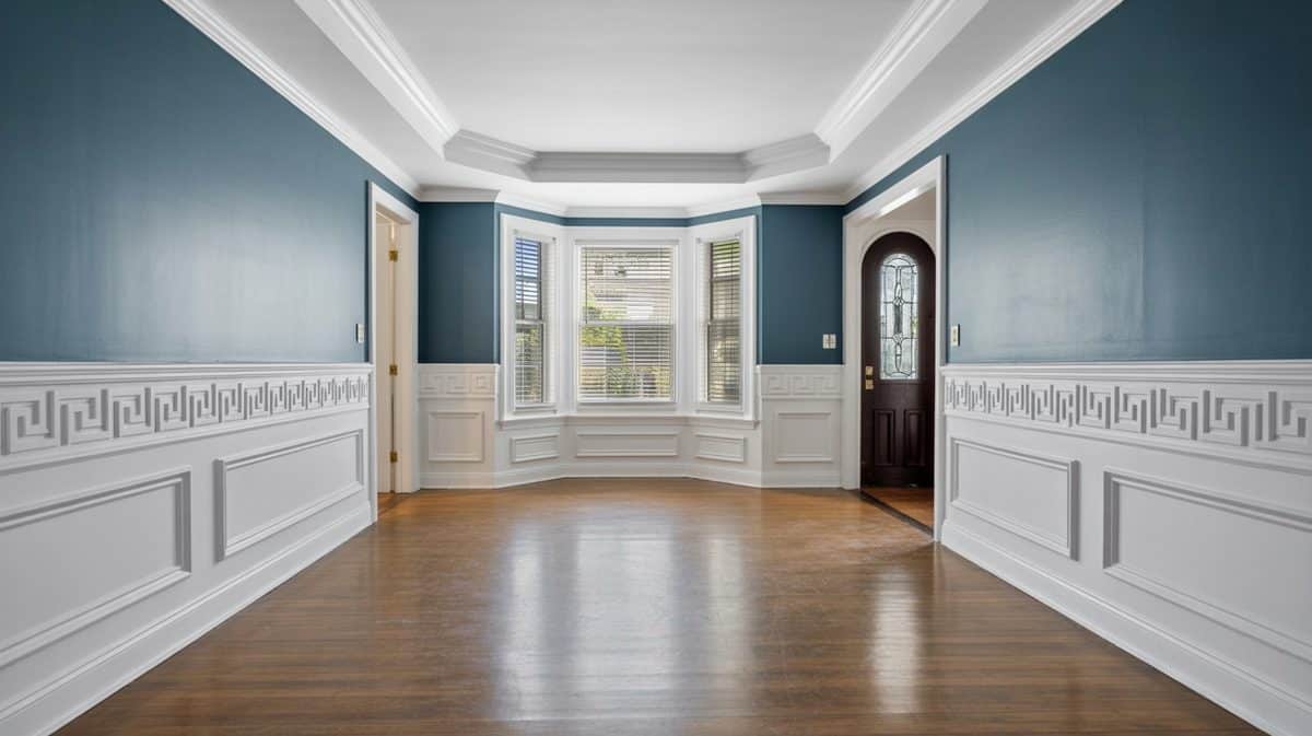 Blue-gray room with white chair rail panels and ornamental Greek key frieze molding, bay window, arched front door, and polished hardwood floor