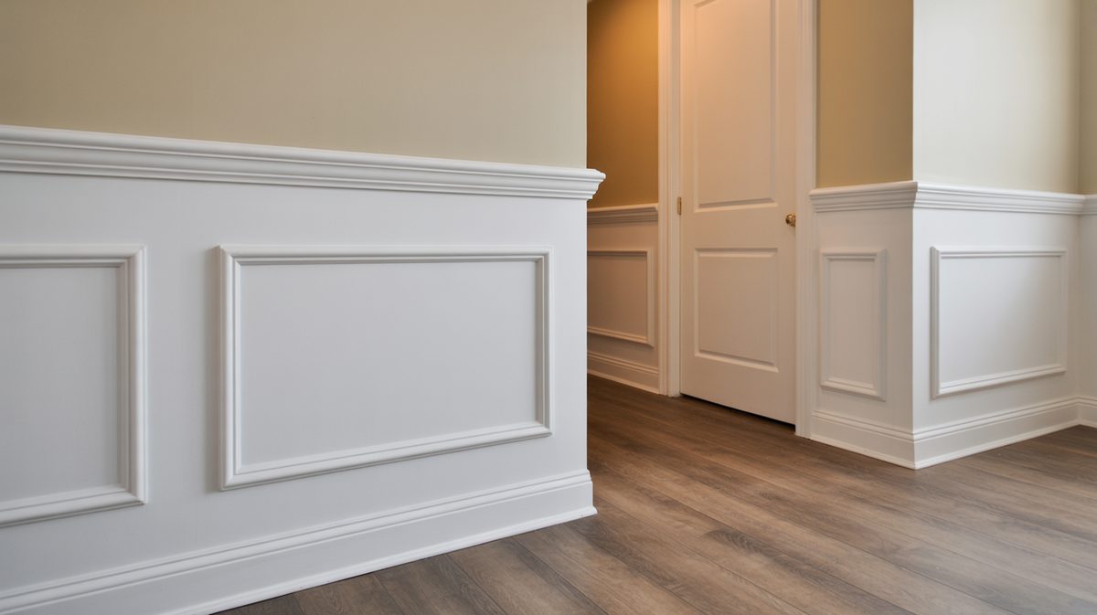 Hallway detail view of white flat panel installation with thick profiled chair rail cap and matching paneled door visible in the background