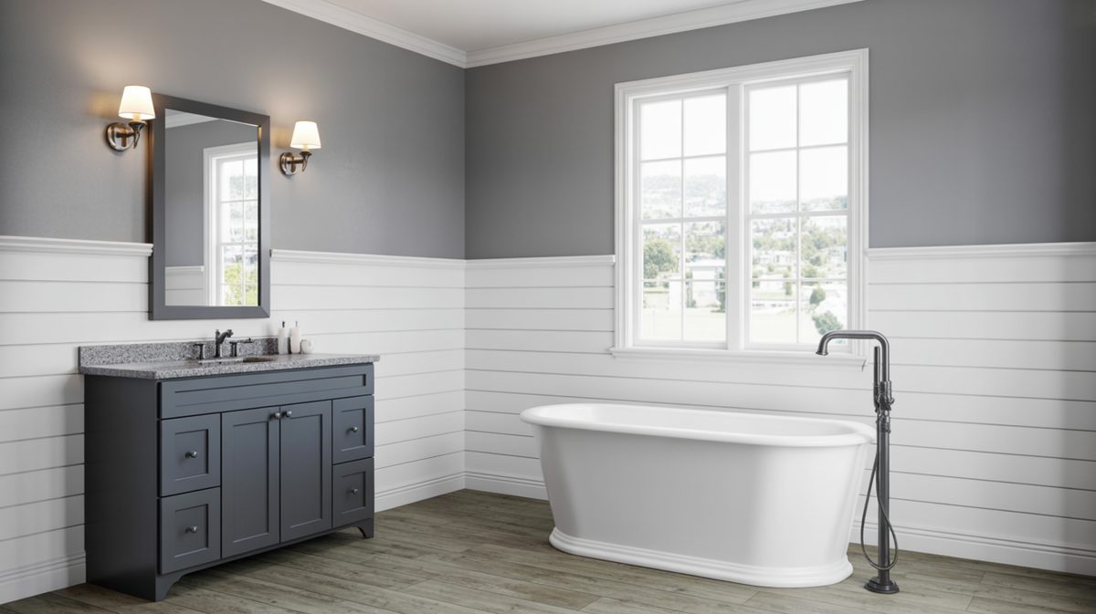 Farmhouse bathroom with horizontal white shiplap lower walls, slate gray vanity with granite top, oval freestanding tub, and bronze wall sconces