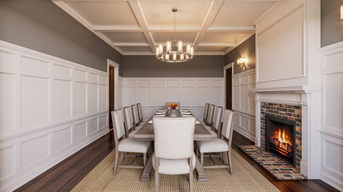Formal dining room with white shaker-style panels on all walls, dark wood dining table and linen chairs, lit brick fireplace, and coffered ceiling