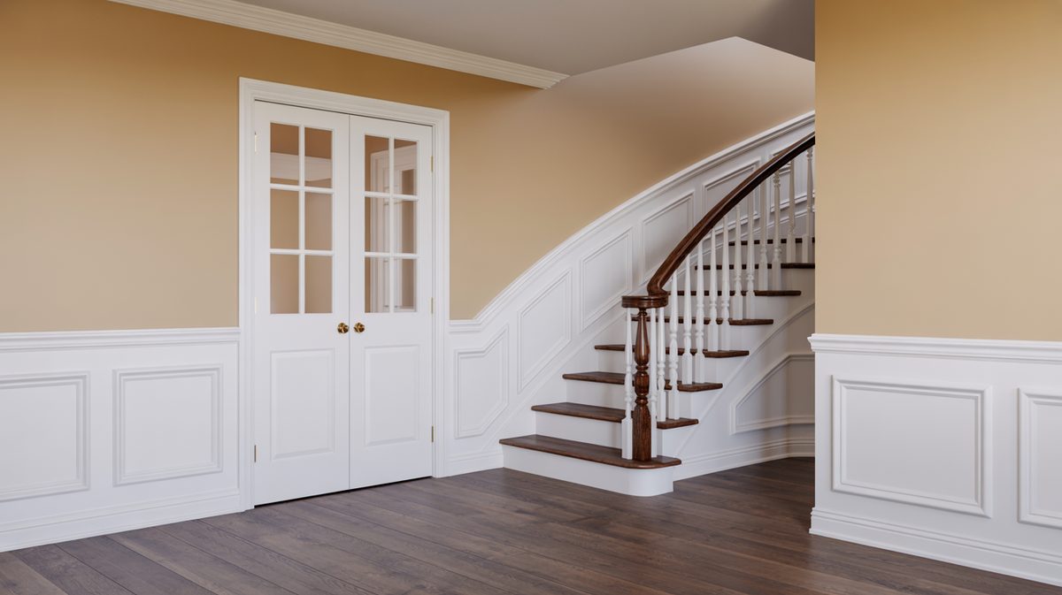 Foyer with white picture frame panels, warm tan walls, curved staircase with dark wood railing and white spindles, and glass-panel French double doors
