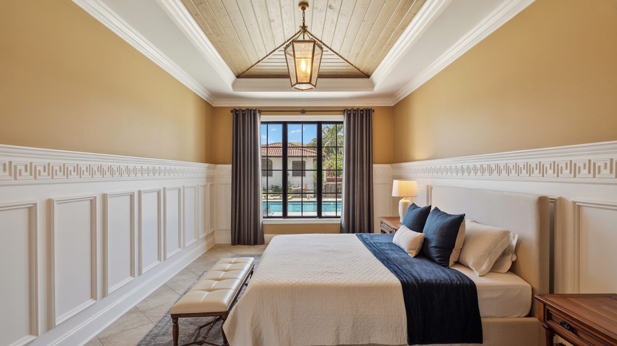 Mediterranean bedroom with white panel walls and Greek key frieze detail, tray ceiling with shiplap planks, bronze lantern pendant, and navy accent bedding