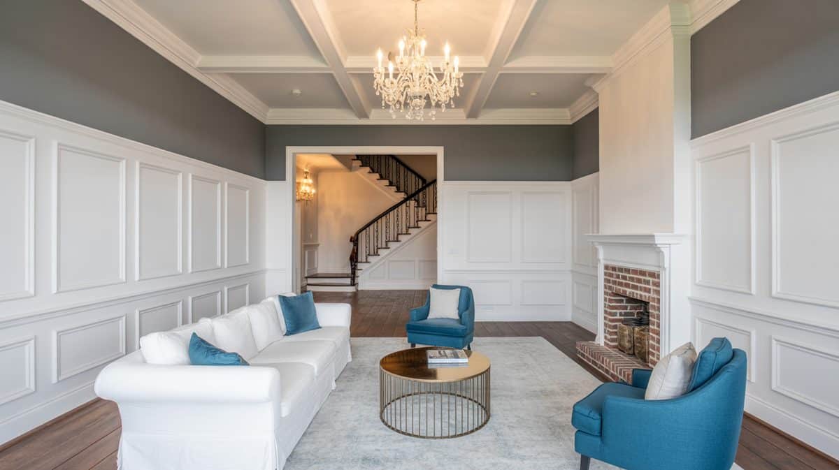 Grand living room with white raised panel walls, coffered ceiling, crystal chandelier, white and teal upholstered furniture, and brick fireplace