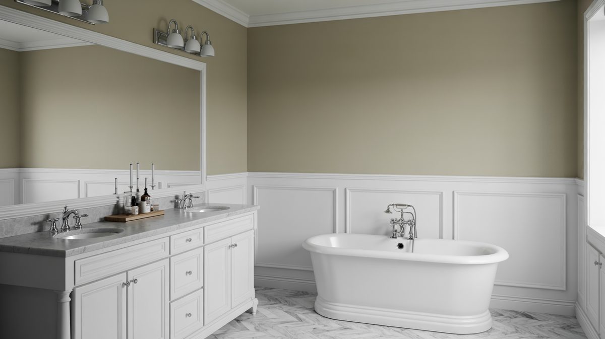 Spacious master bathroom with white flat panel lower walls, sage-tan walls above, dual white vanity with marble countertop, and pedestal oval tub