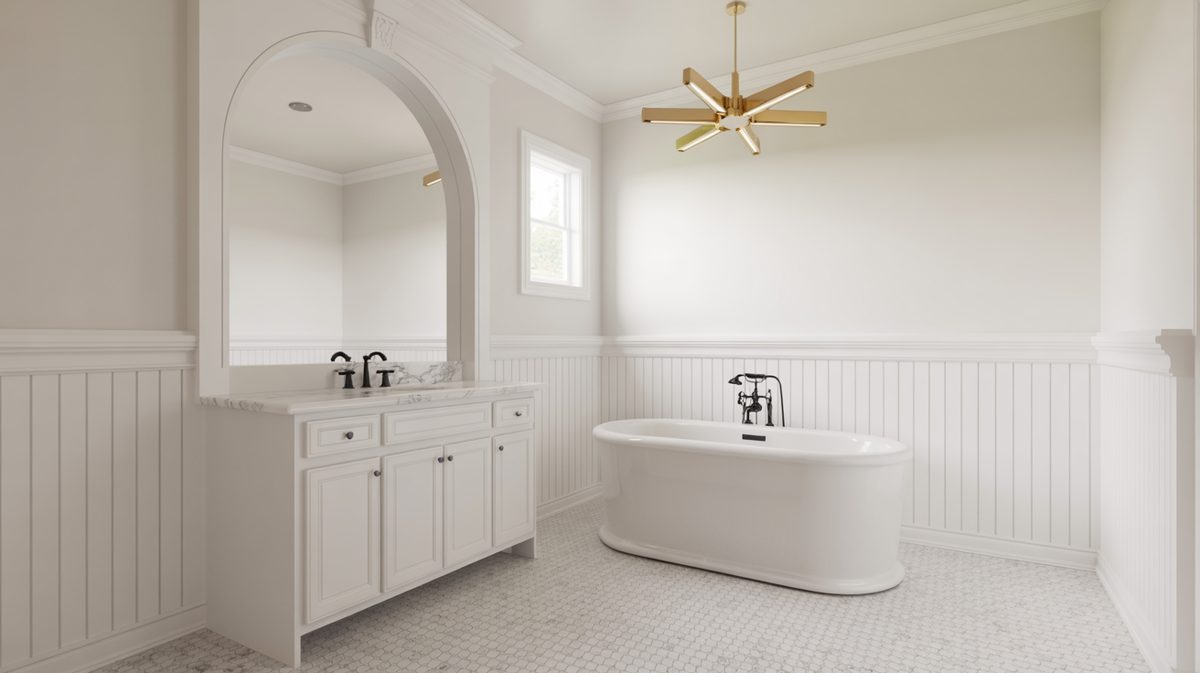 Bright white bathroom with vertical beadboard panels, arched vanity mirror niche, round freestanding soaking tub, and gold star-shaped ceiling pendant