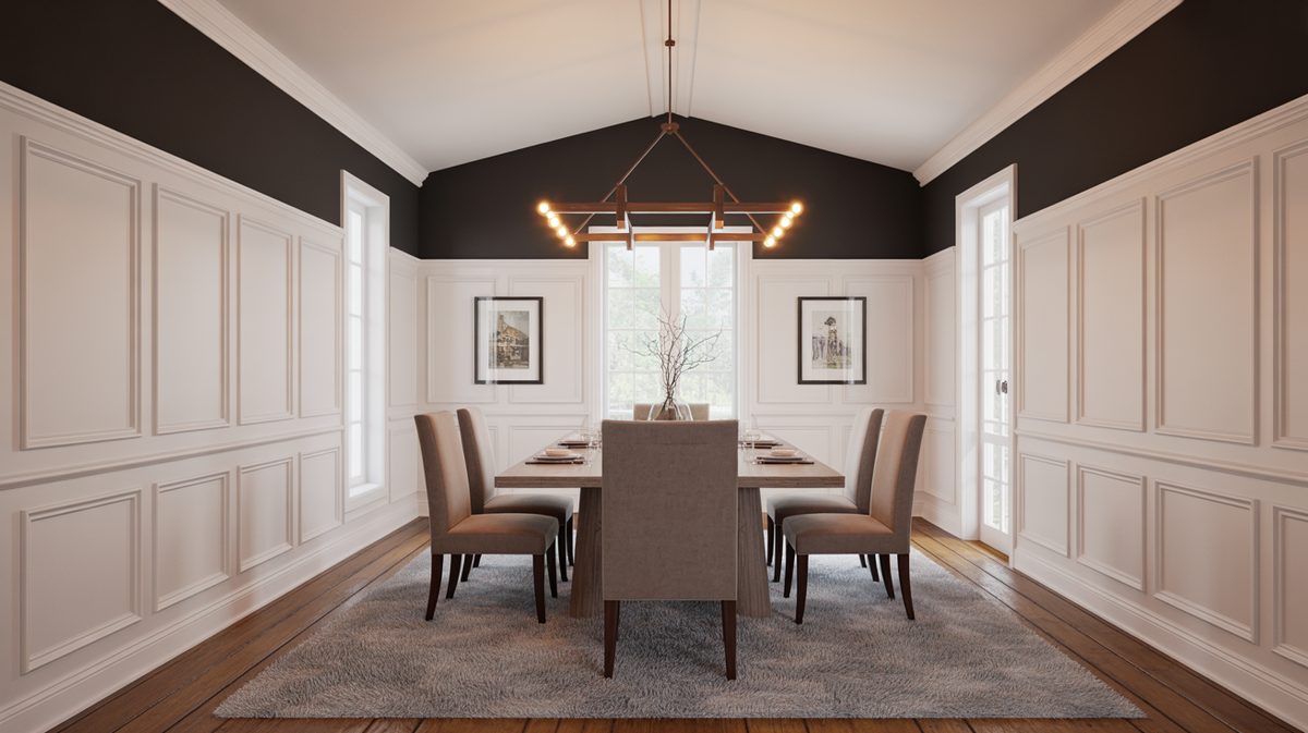 Formal dining room with tall white flat panel walls contrasting against dark charcoal upper walls, linear wood-and-brass chandelier, and vaulted ceiling