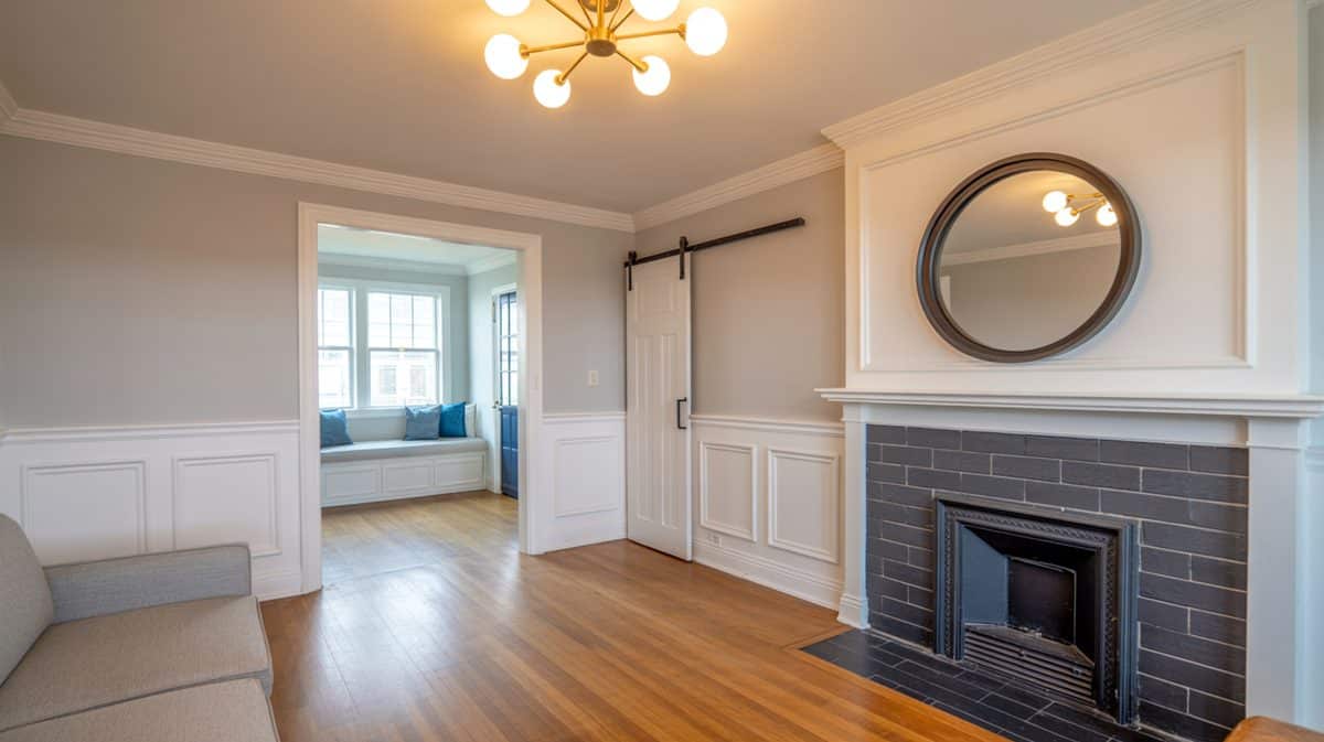 Living room with white raised panel molding, slate tile fireplace with round mirror above, sliding barn door, sputnik chandelier, and built-in window seat