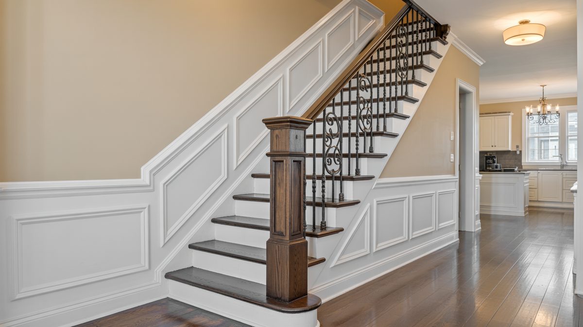 Grand staircase wall featuring white raised panel treatment alongside dark wood newel posts, iron scroll balusters, and warm tan upper walls