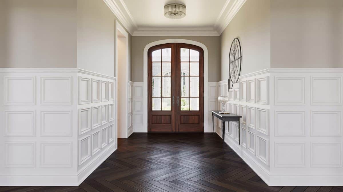 Grand foyer with white geometric grid panel walls, dark wood arched double entry doors with glass lights, herringbone wood floors, and drum chandelier