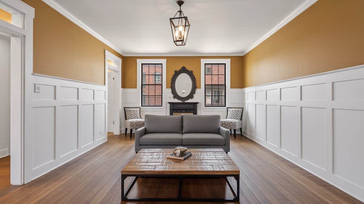 Craftsman living room with white flat panel lower walls, golden ochre upper walls, gray sofa, reclaimed wood coffee table, and black lantern pendant