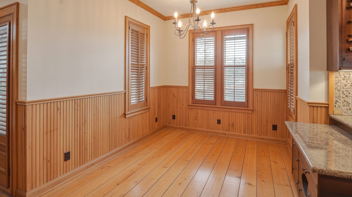 Rustic dining nook with natural pine beadboard half-wall panels matching the pine plank floors, plantation shutters, and candle-style chandelier