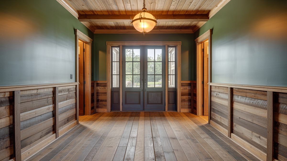 Rustic foyer with reclaimed horizontal barn wood plank panels, sage green walls above, wood plank ceiling, wide-plank floors, and dark double French doors