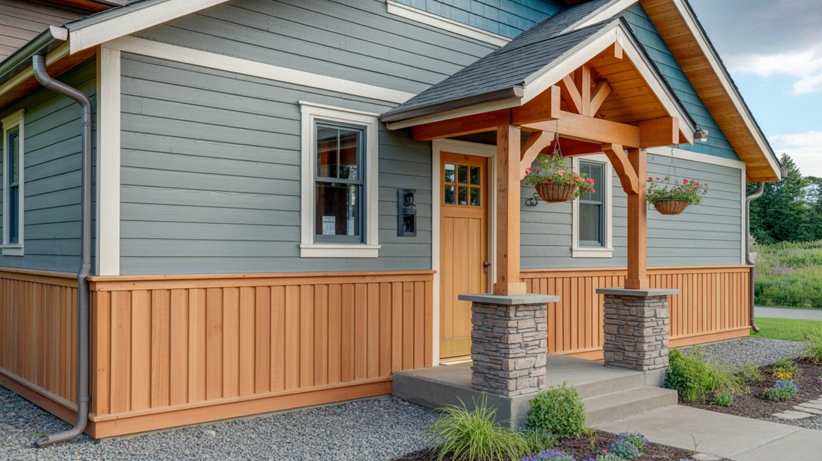 Craftsman home exterior with cedar beadboard panels on lower facade, stacked stone column bases, timber frame covered entry porch, and hanging flower baskets