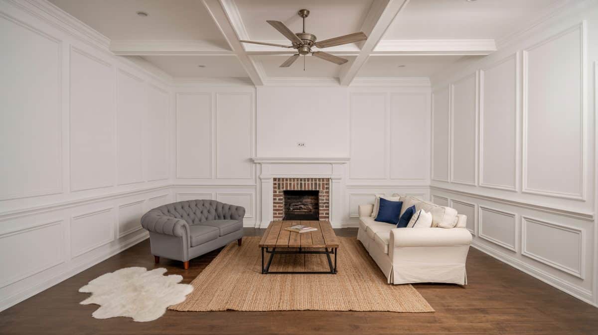 Living room with floor-to-ceiling white panel molding on all walls, coffered ceiling with fan, brick fireplace, and neutral linen upholstered furniture