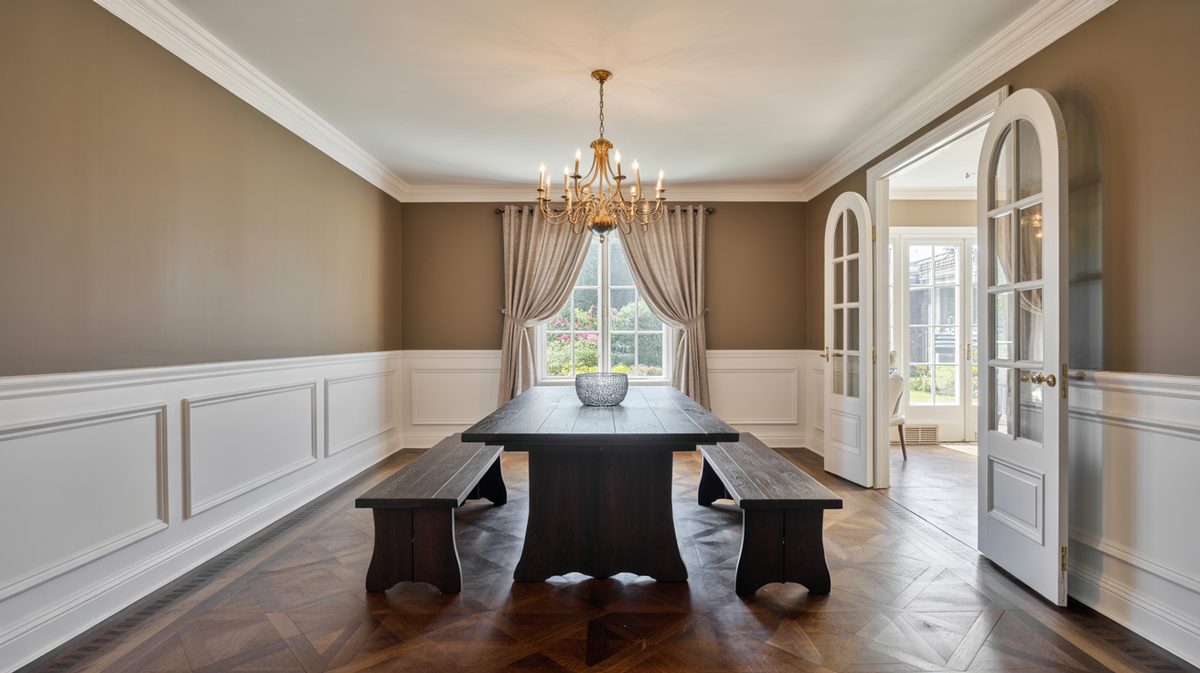 Dining room with tall white raised panel wainscoting at shoulder height, dark espresso plank trestle table with matching benches, and gold candle chandelier