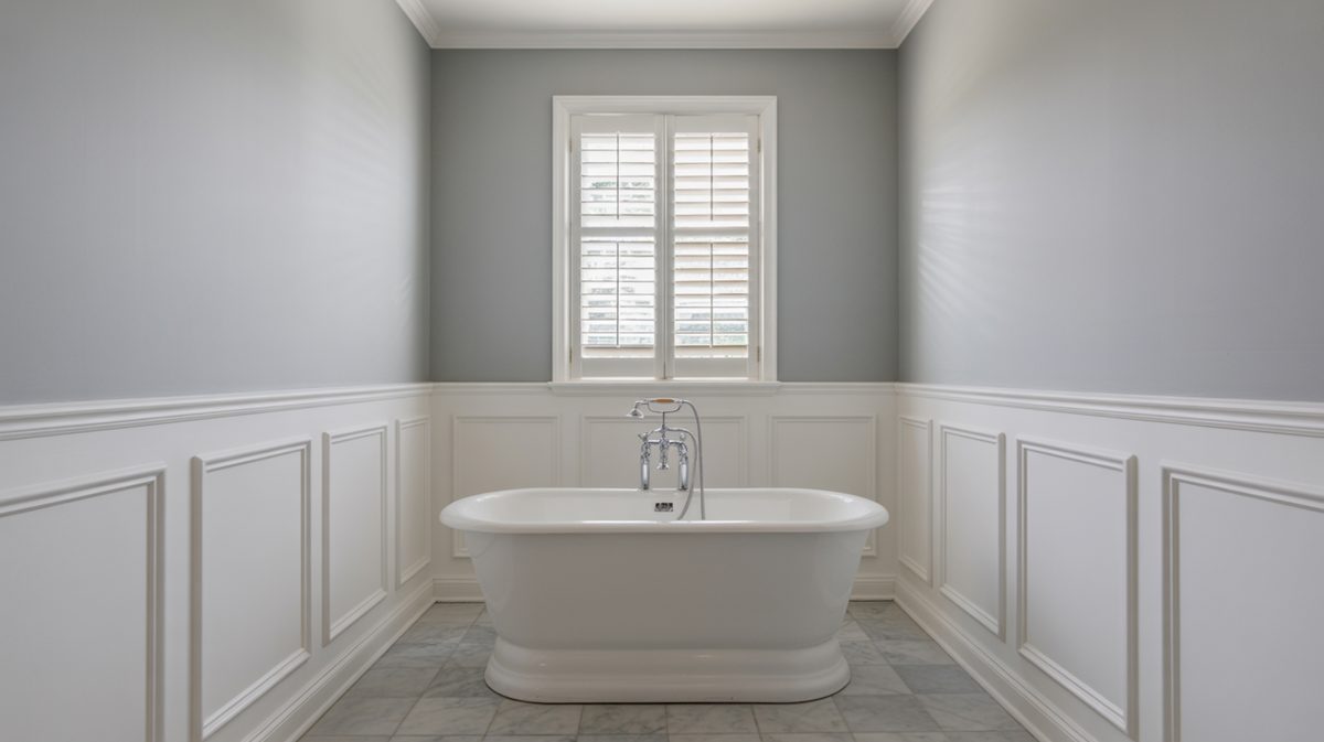 Serene gray bathroom with white flat panel surround framing a freestanding oval tub, chrome floor-mount faucet, and plantation shutter window above