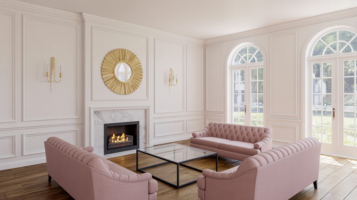Elegant living room with floor-to-ceiling white panel molding, blush tufted sofas, gold sunburst mirror, marble fireplace surround, and arched French windows