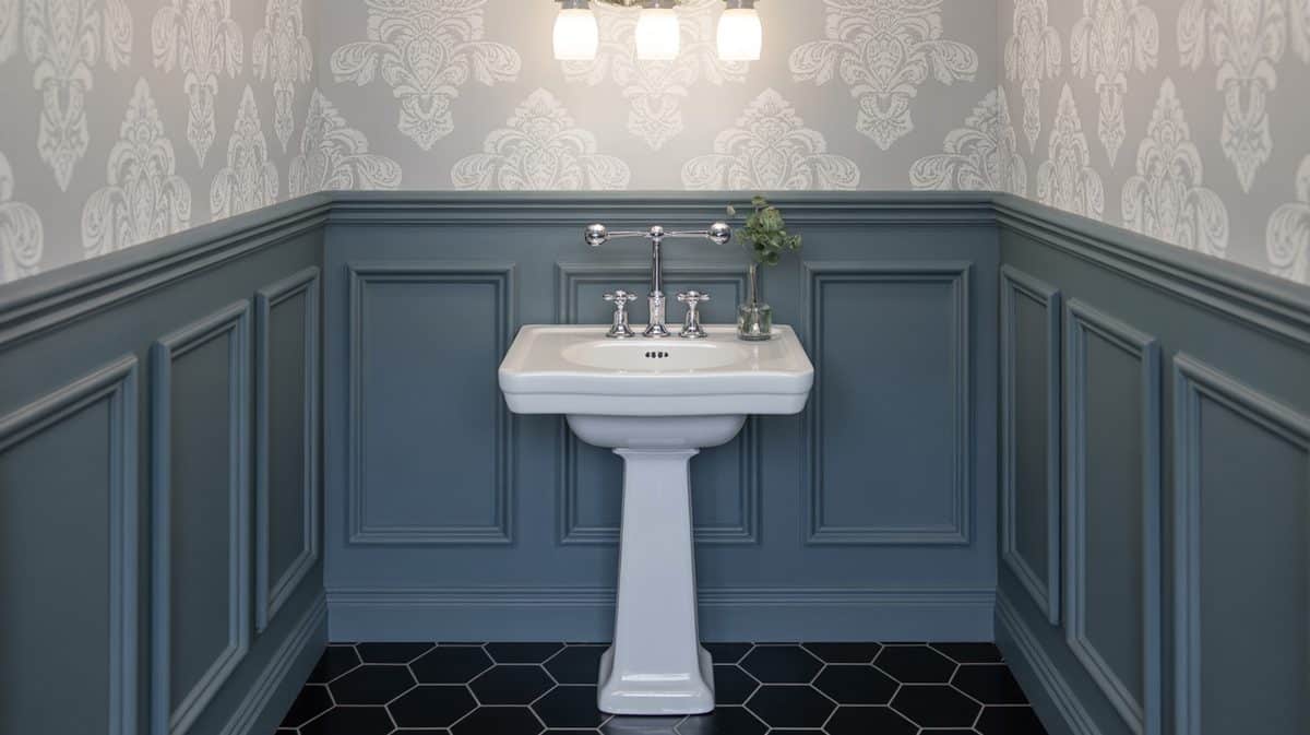 Powder room with dark slate blue raised panel walls, pedestal sink with chrome cross-handle faucet, damask wallpaper above rail, and black hexagon tile floor