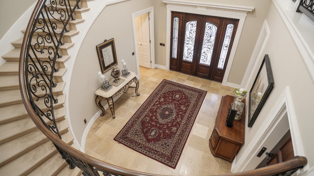 Aerial view of traditional foyer with curved staircase and French provincial ornate black metal railing on travertine