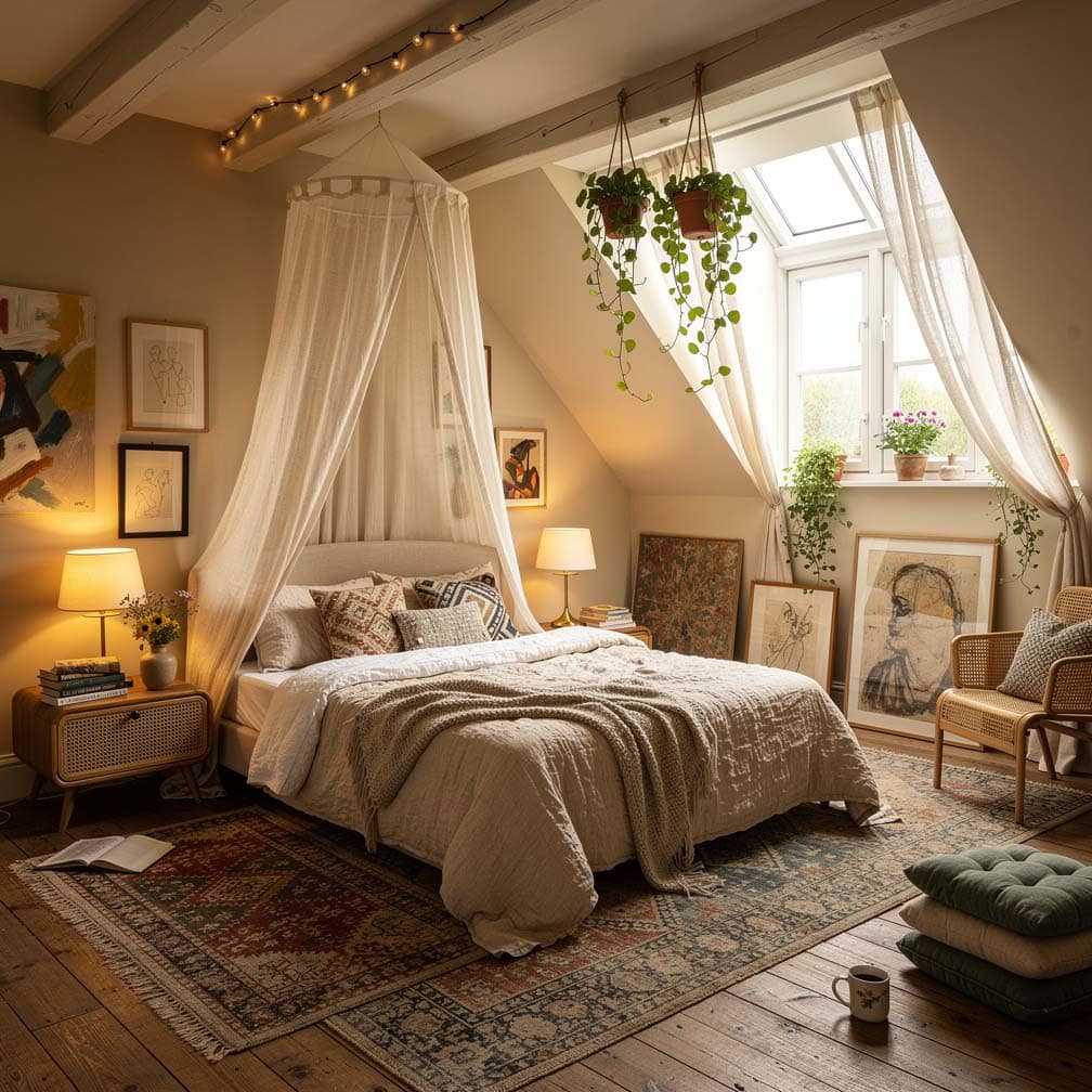 Bohemian attic bedroom with canopy bed, layered vintage rugs, rattan accents, and trailing plants