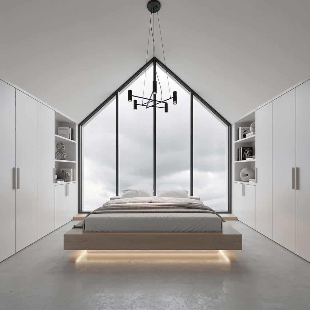 Contemporary attic bedroom with built-in shelving following the roofline and glazed gable wall