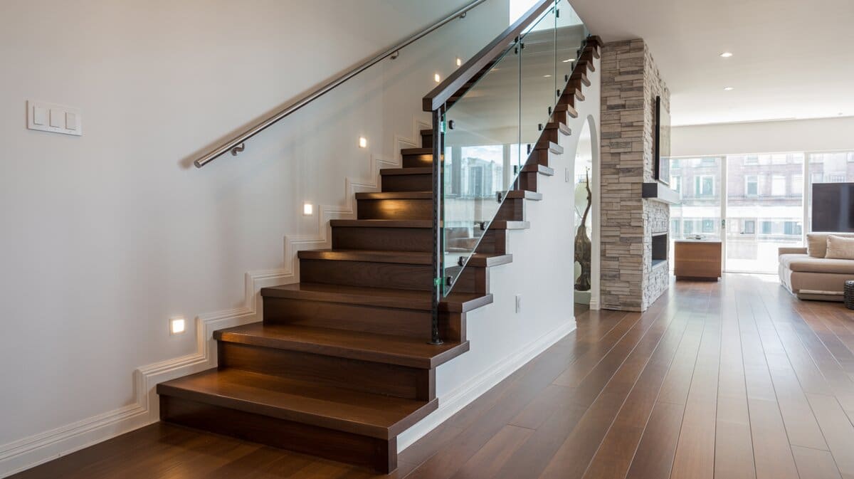Contemporary floating dark walnut staircase with LED step lights and frameless glass balusters on stone wall