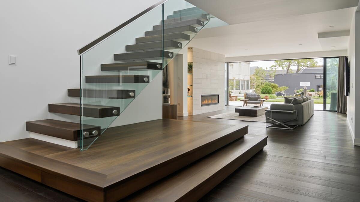 Contemporary home with floating dark walnut steps and frameless glass balusters with fireplace garden view