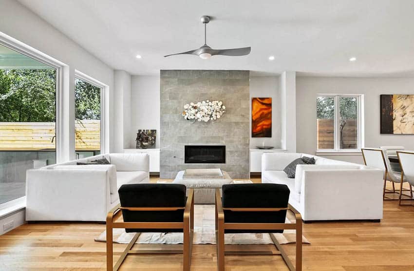 Contemporary living room with stone fireplace standard ceiling