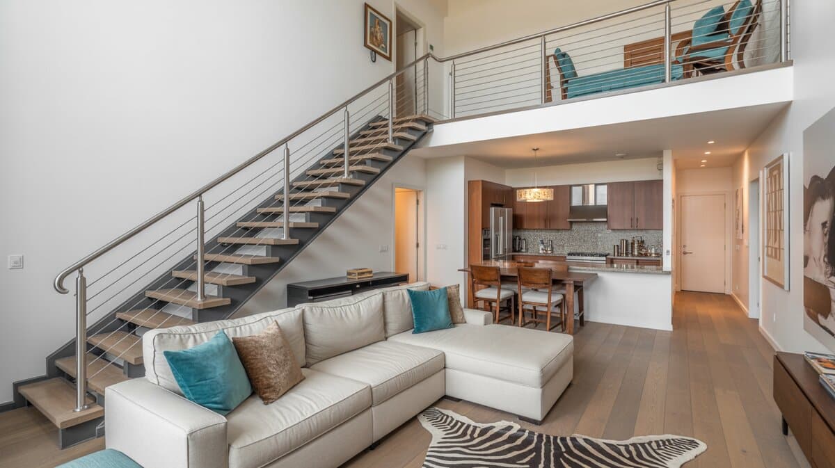 Contemporary loft condo with chrome cable wire railing on staircase and loft guardrail with turquoise accents