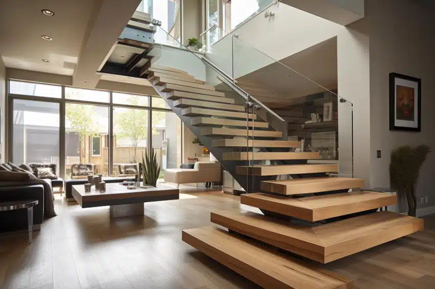 Floating steps with glass balusters
