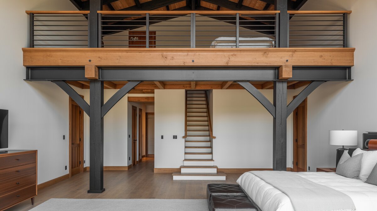 Contemporary timber frame bedroom mezzanine loft with horizontal black metal railing and wood top rail