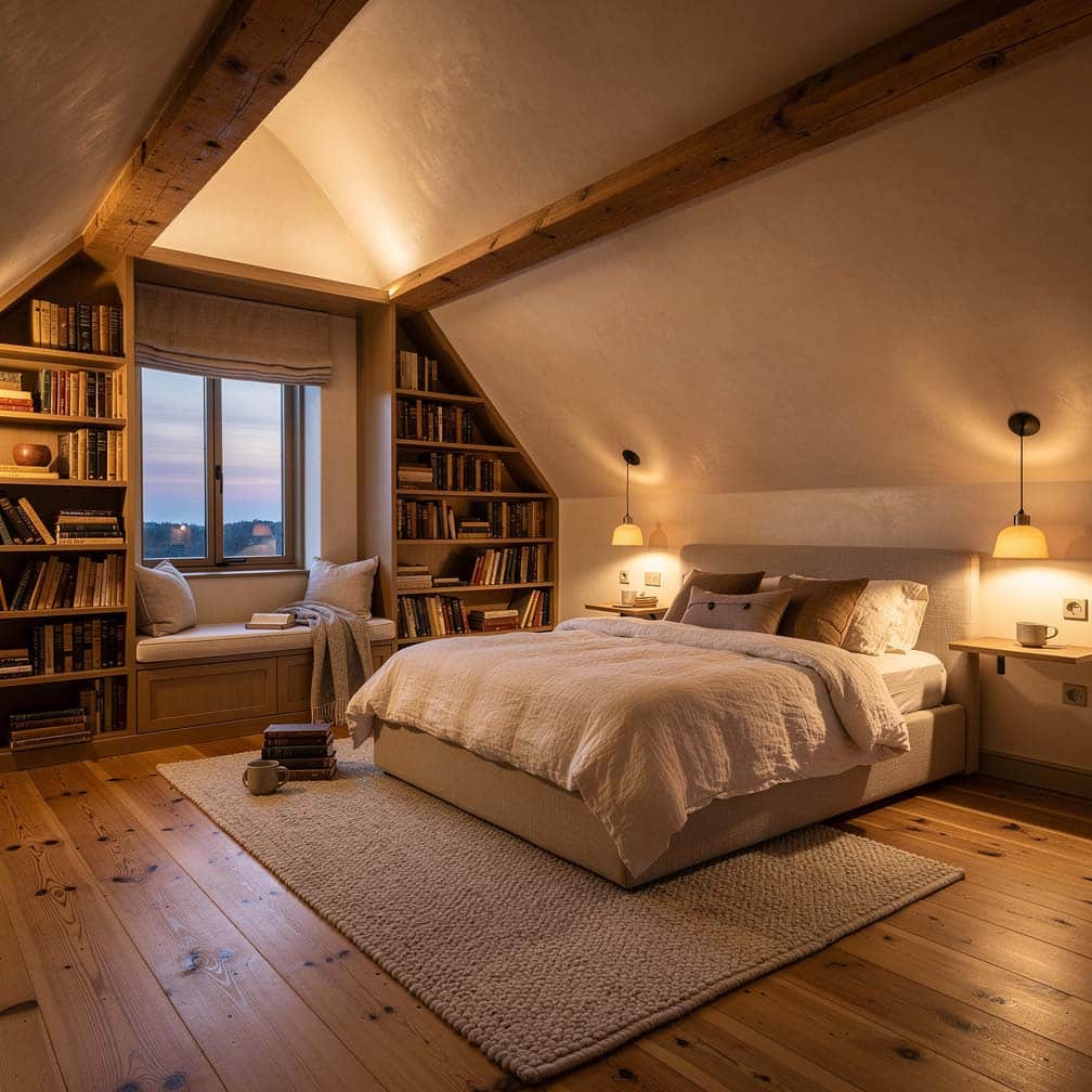 Cozy attic bedroom with window seat reading nook, built-in bookshelves, and exposed oak ceiling joists