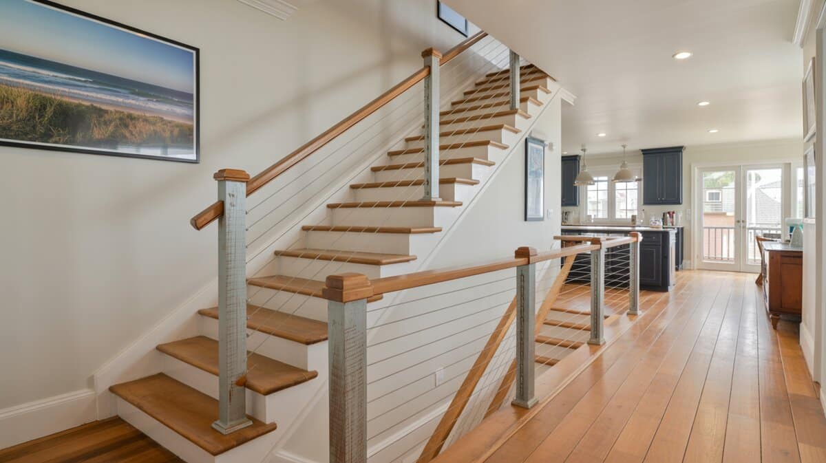 Craftsman coastal home with floating wood staircase and stainless steel cable railing with seascape art