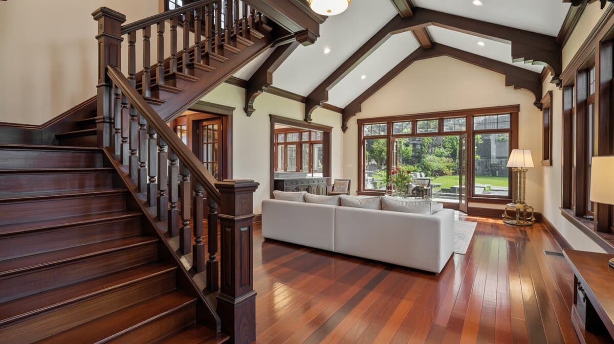 Craftsman great room with dark mahogany staircase and turned wood balusters under cathedral ceiling