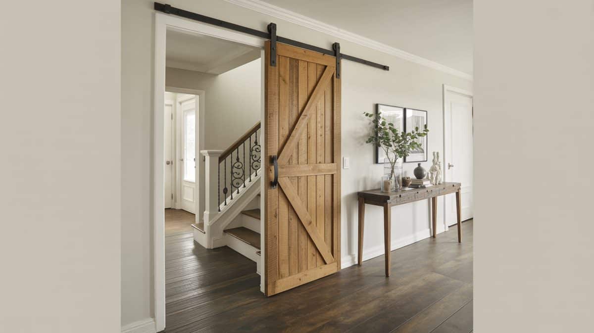 Single natural reclaimed Z-brace barn door in a bright foyer with dark hardwood floors, wood console table, and iron-railed staircase