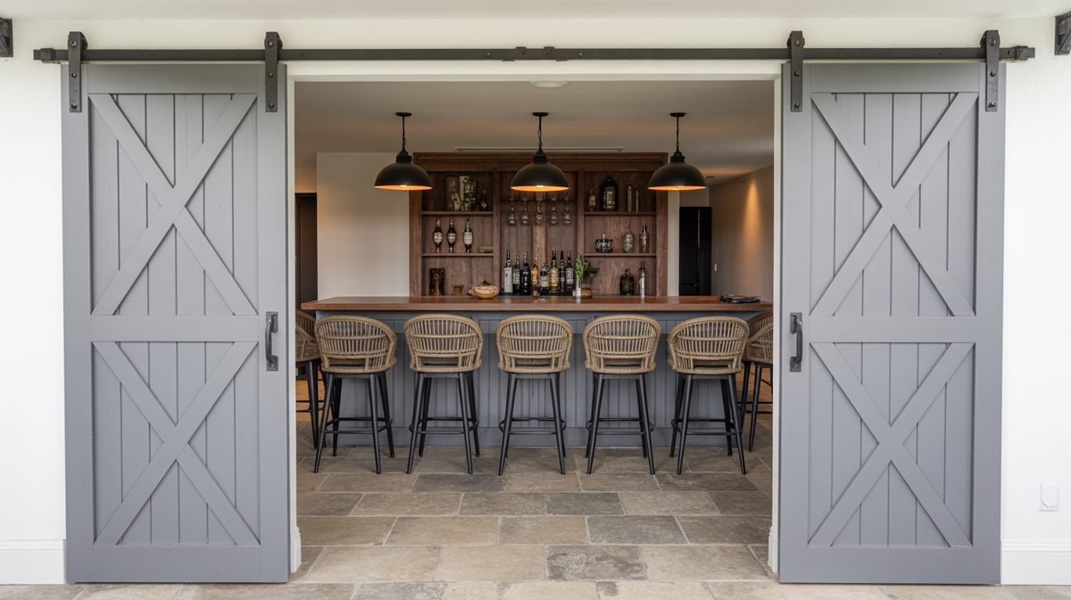 Double gray X-brace sliding barn doors open wide to reveal a home bar area with dark wood counter, rattan stools, and black dome pendant lights