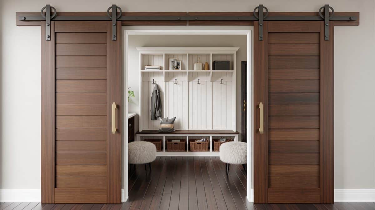 Walnut horizontal-plank barn doors with gold bar handles and large pulley wheels opening to a white mudroom with built-in bench and coat hooks