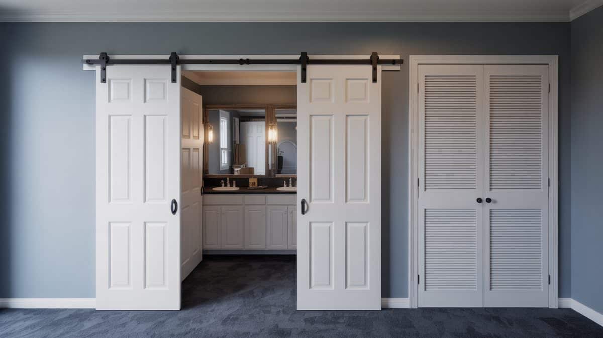 Double white six-panel sliding barn doors on black rail opening to a master bathroom in a bedroom with blue-gray walls and louvered closet