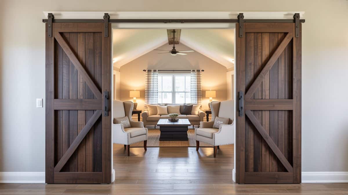 Double dark Z-brace barn doors on black rail opening to a farmhouse living room with vaulted ceiling, cream wingback chairs, and ceiling fan
