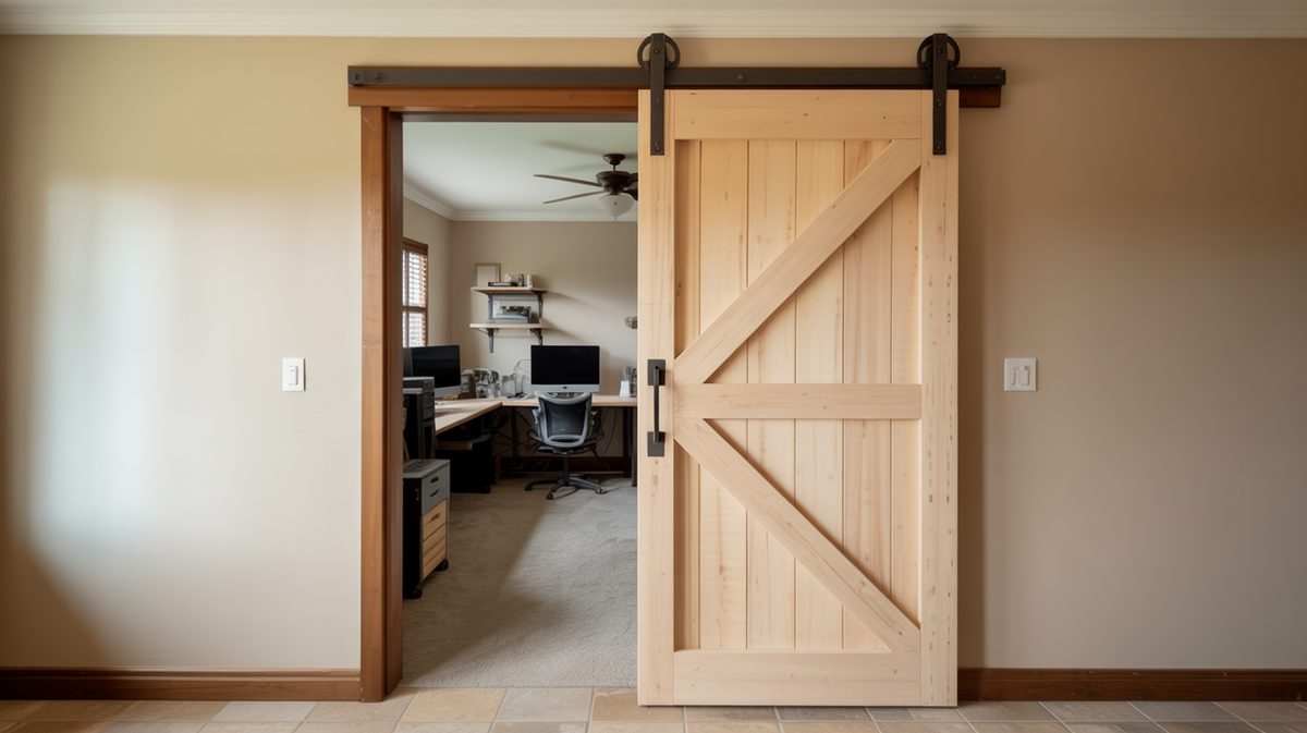 Light pine Z-brace barn door on black pulley wheel hardware opening to a home office with an L-shaped desk and ceiling fan