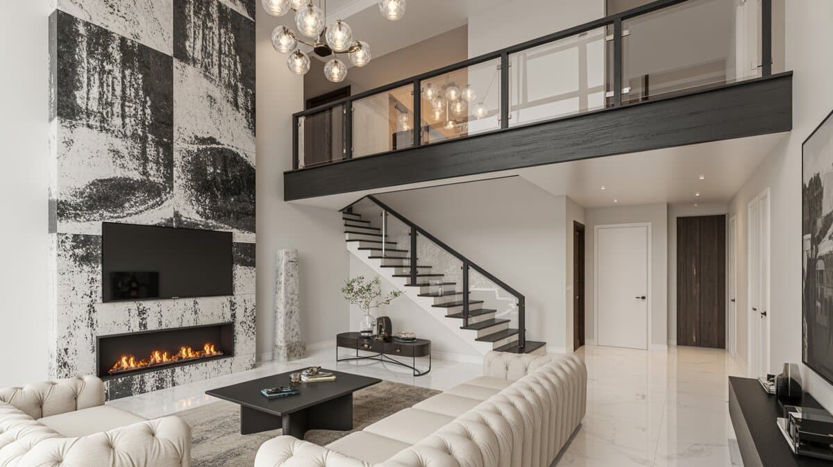 Dramatic contemporary living room staircase with glass balusters and dark metal handrail by black and white fireplace