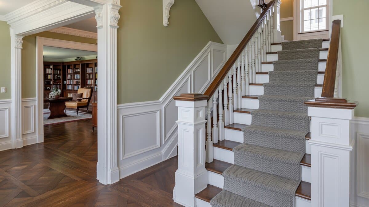 Elegant colonial home foyer with straight staircase and white balusters and dark handrail with carpet runner