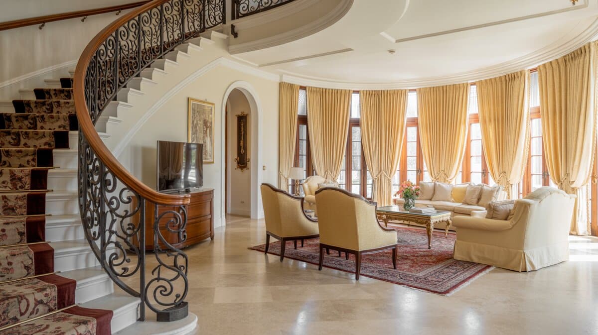 Elegant luxury formal living room with sweeping curved staircase and wrought iron balusters on travertine