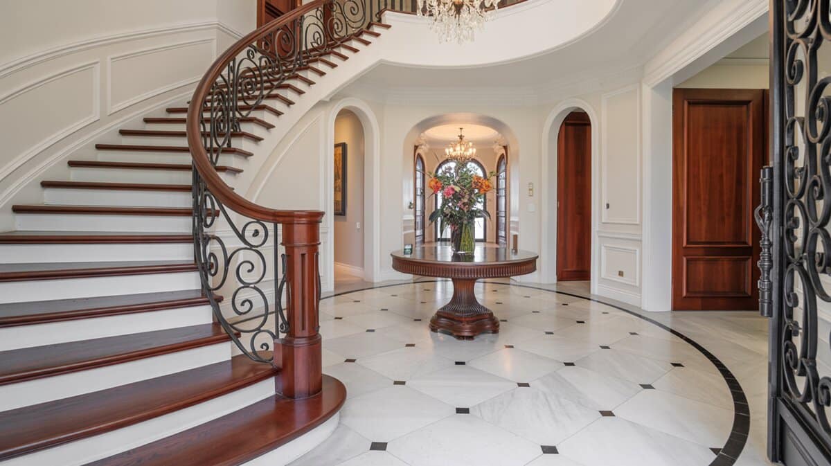 Elegant luxury foyer with grand curved staircase and scrolled iron balusters on marble floor