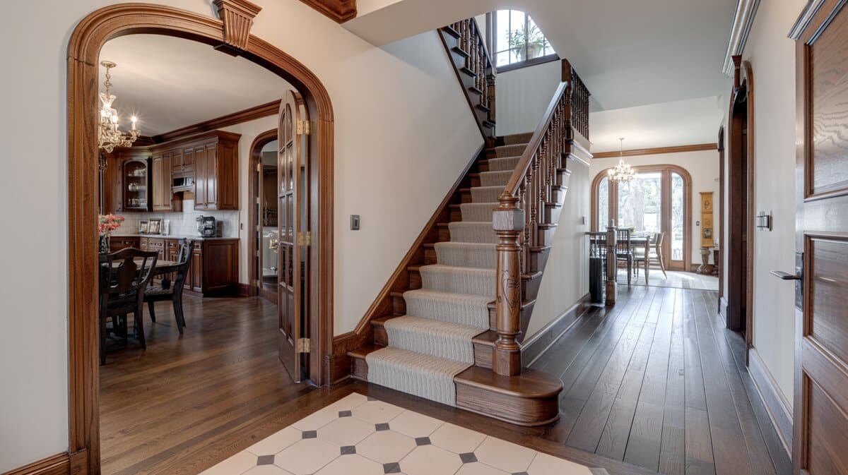 Elegant traditional home entryway with curved staircase and dark walnut balusters on wide plank oak floors