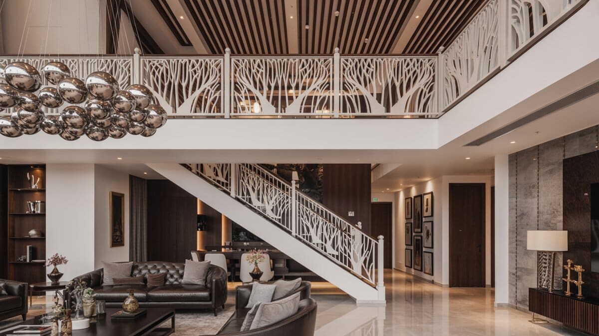 Extraordinary luxury living room with modern staircase featuring laser-cut tree branch railing and sphere pendants