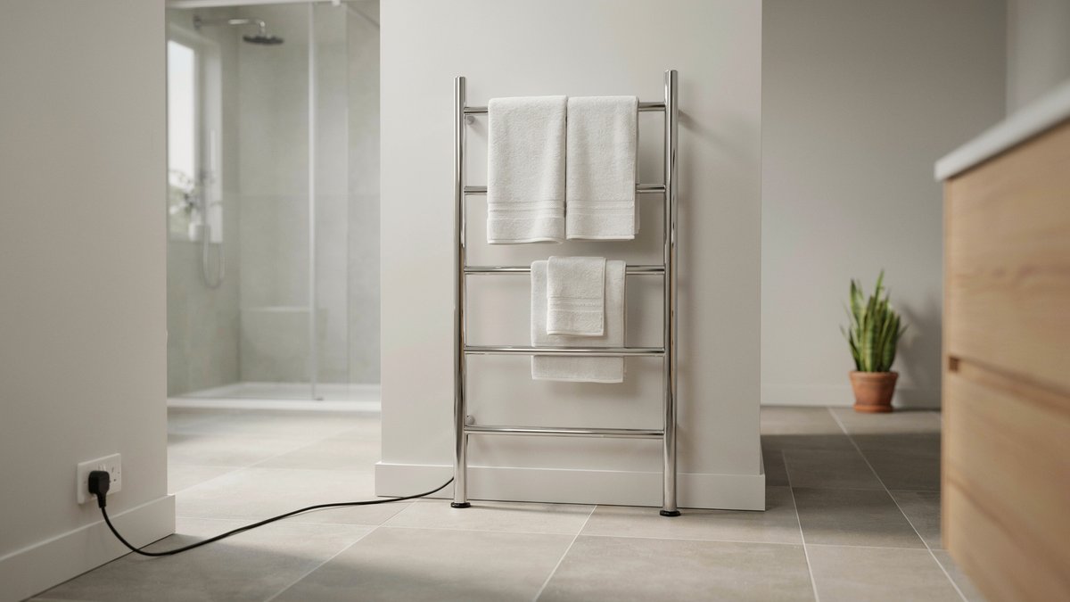 Freestanding chrome towel rack on tile floor with a power cord to the outlet