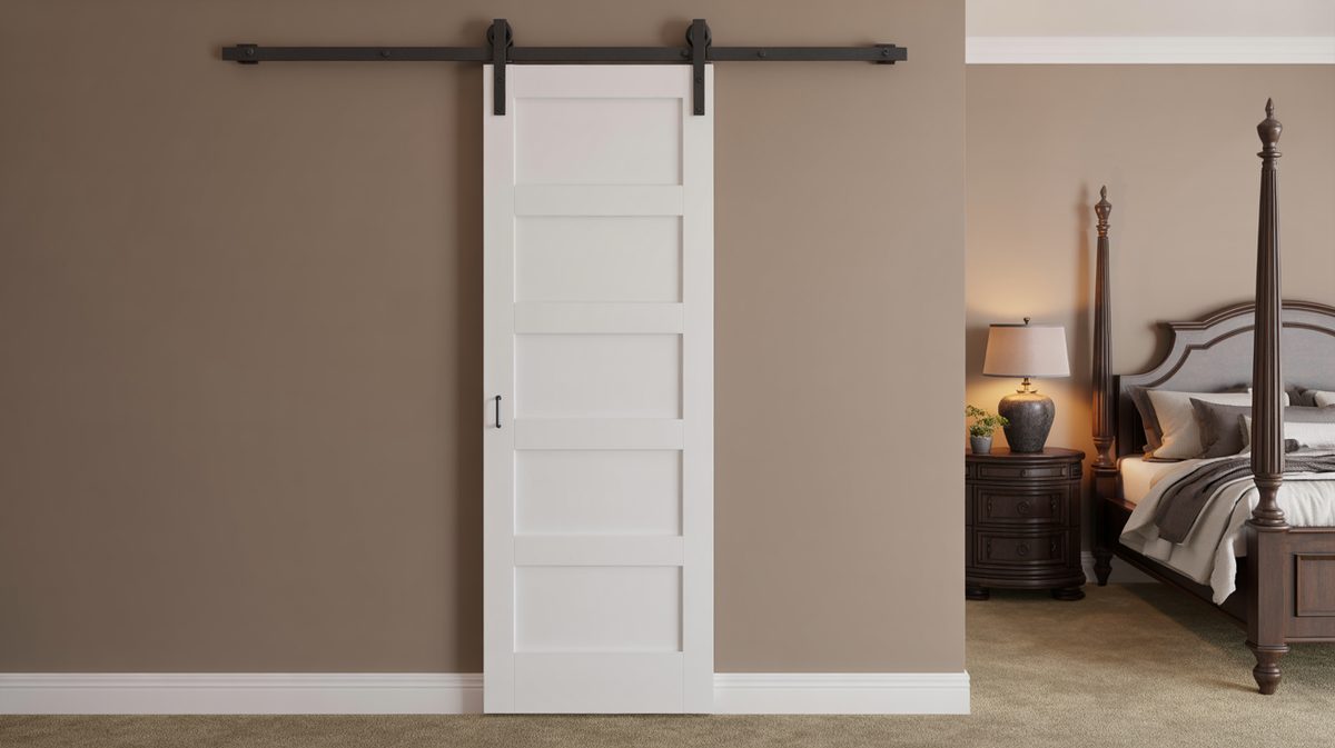 Single white five-panel shaker barn door on dark rail in a traditional bedroom with a dark espresso four-poster bed and beige carpet