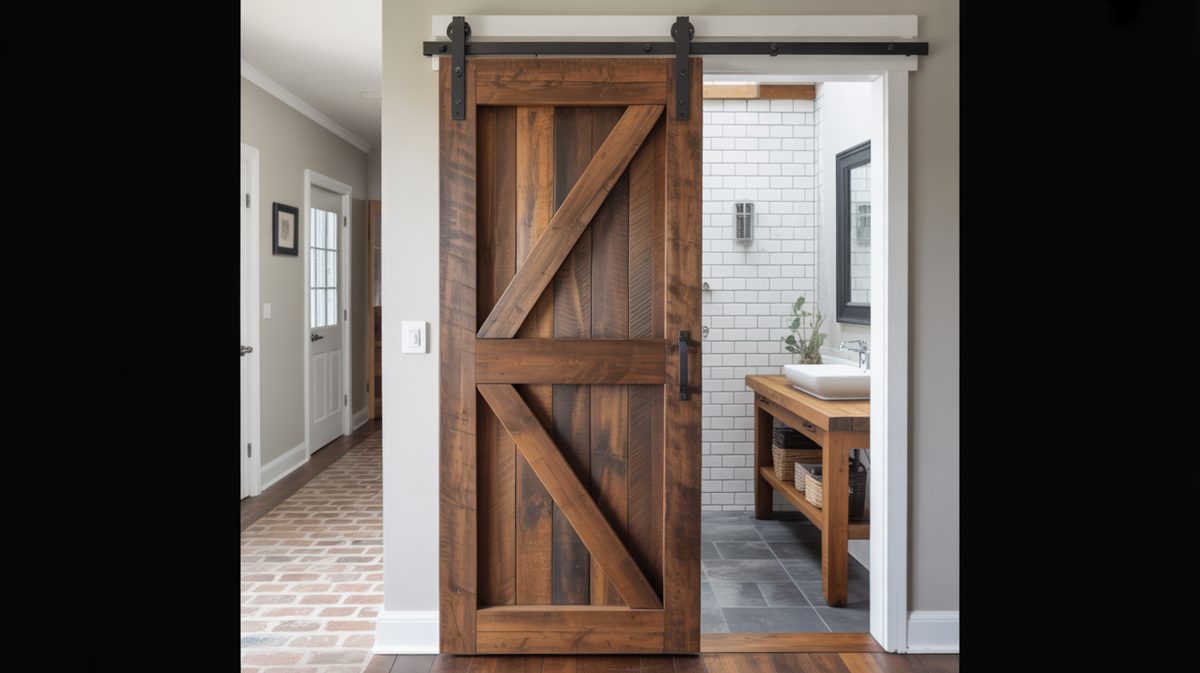 Single dark heavy Z-brace barn door on black rail in a brick-floored hallway opening to a bathroom with white subway tile and wood vanity